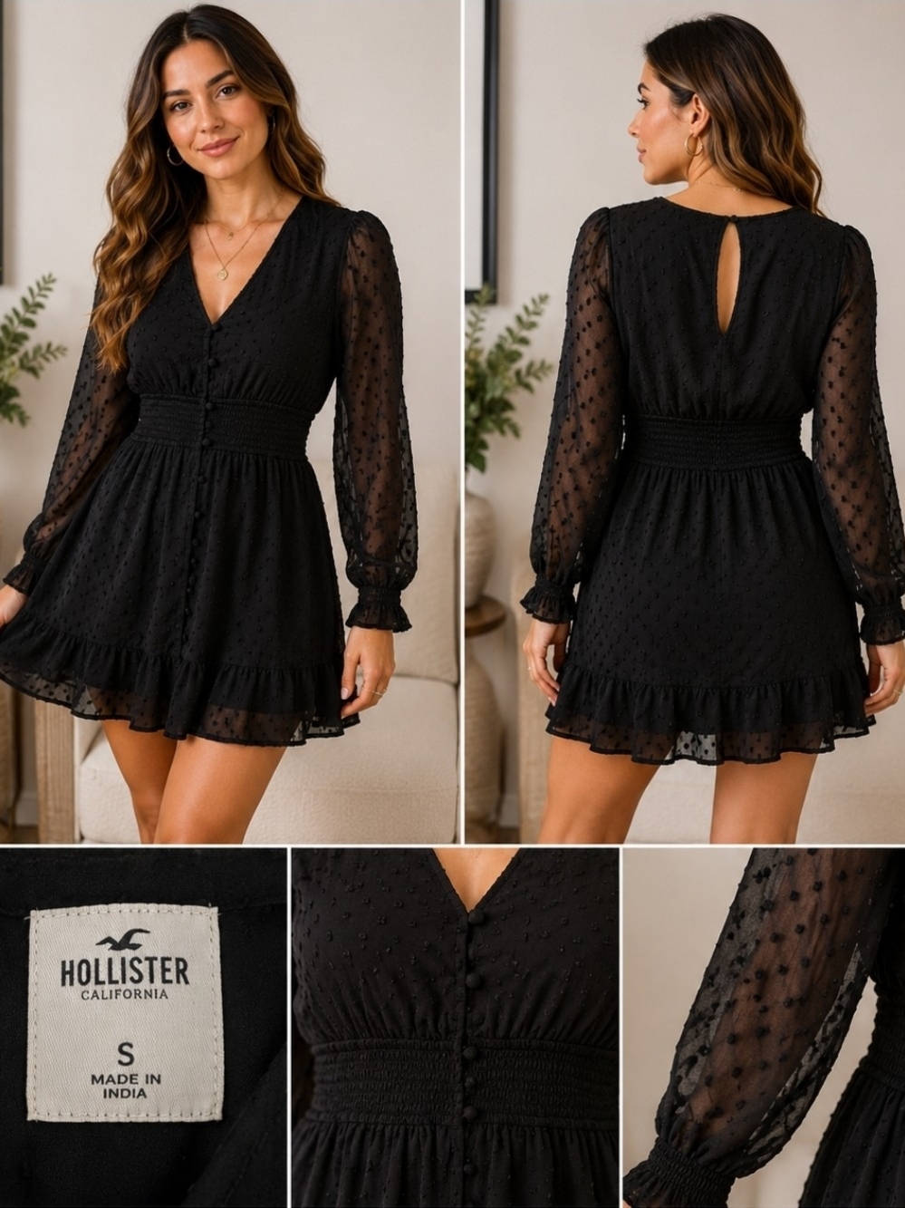 Hollister Black Swiss Dot Sheer Sleeve Button Front Mini Dress Size S